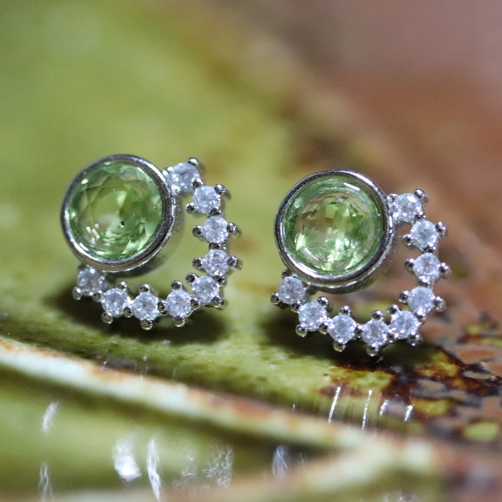 Peridot Gemstone Half Halo Stud Earring